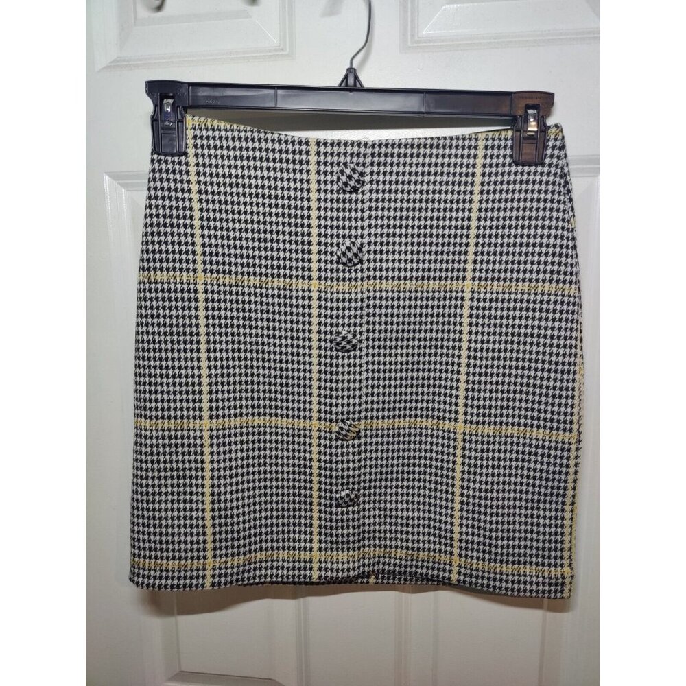 Sanctuary Houndstooth Black White Yellow Stretch Mini Skirt W Front Buttons S Nw